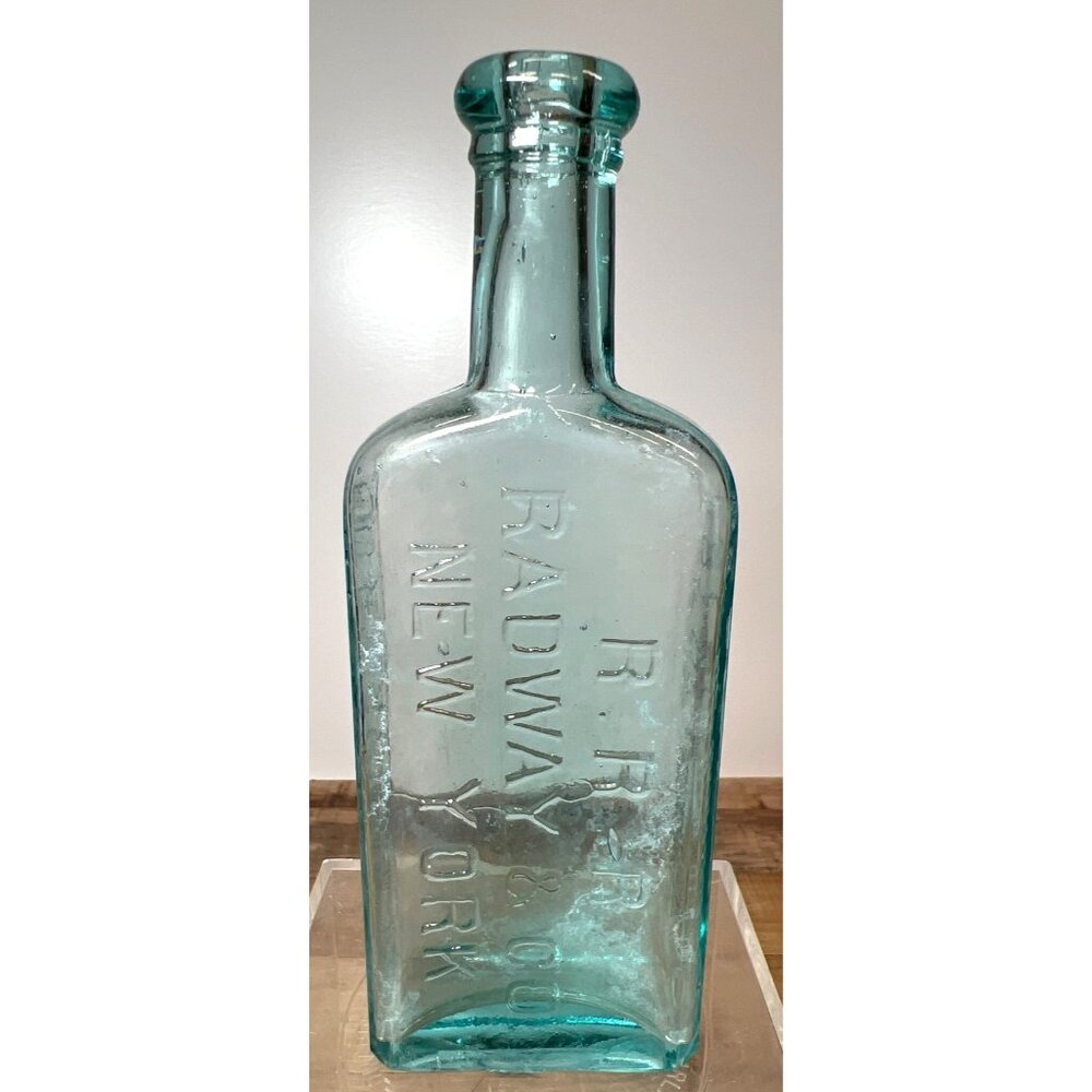 Antique R.R. Radway & Co. New York Aqua Glass Bottle With Embossed Text